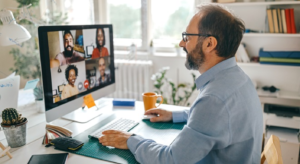 Remote employee having a meeting with his remote team